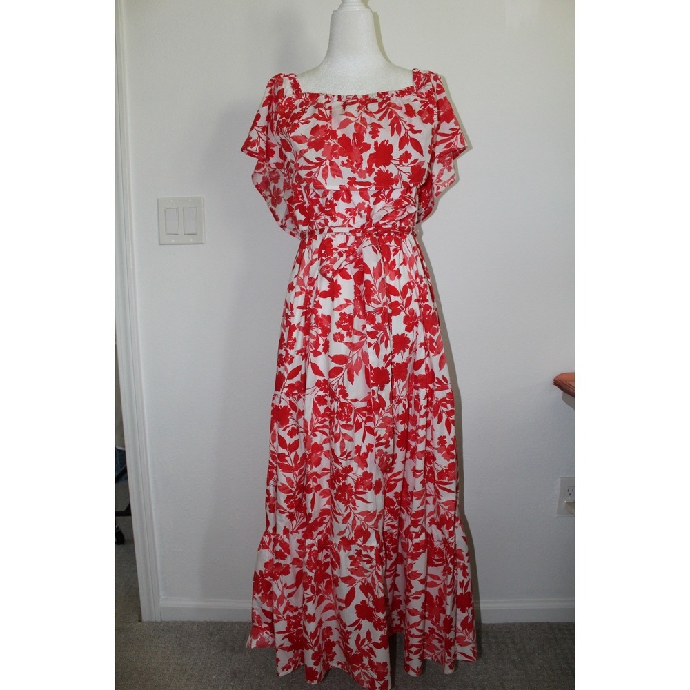 Lane Bryant Red Floral Off Shoulder Maxi Dress Ruffle Empire Waist‎ Size 14/16